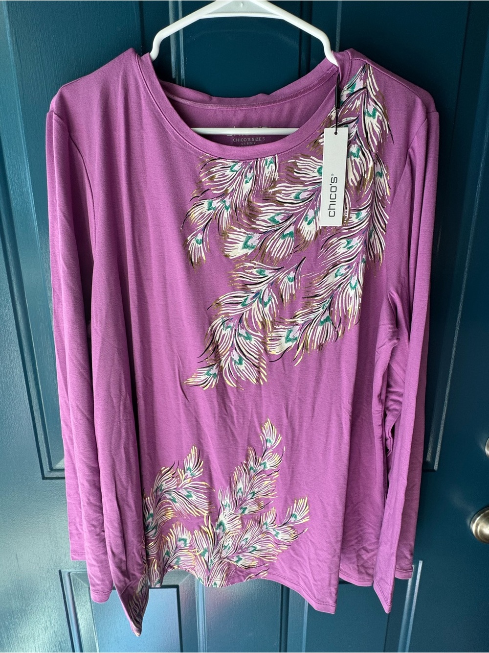Chico's Purple Feather-Print Long Sleeve Tee Size 3